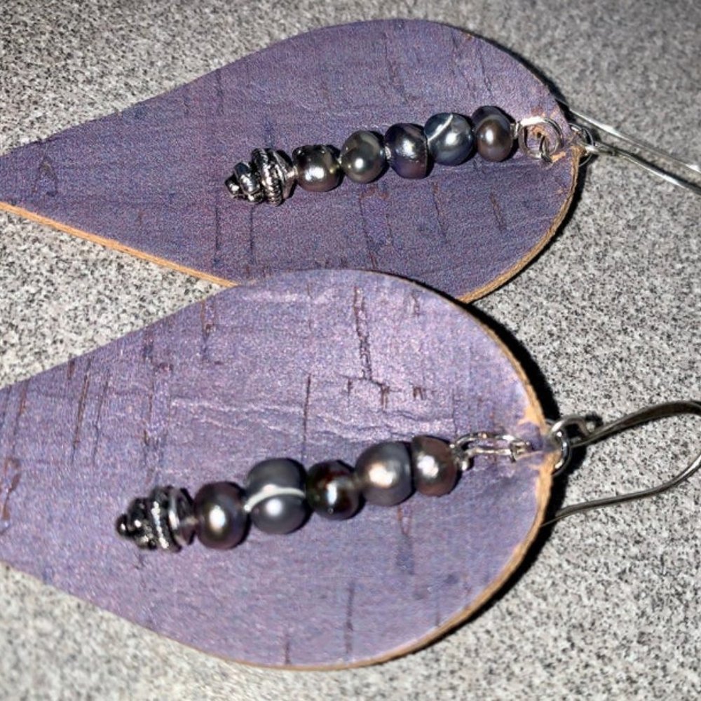 3 for $65 - "Pearl" purple cork teardrop earrings